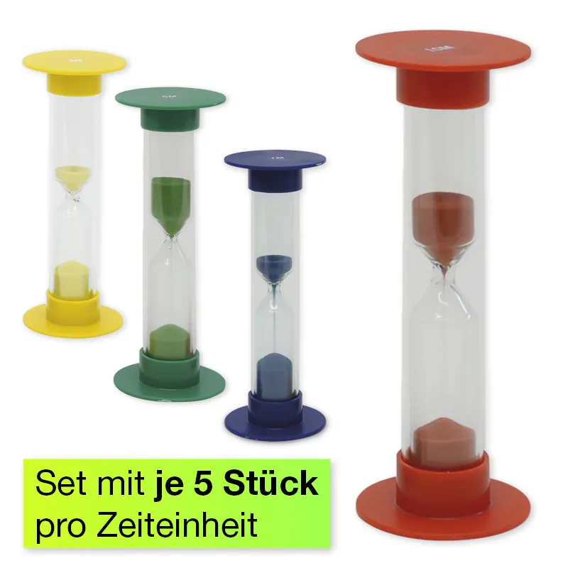 Sanduhren-Set 5-tlg., 10cm hoch, 2,5cm ø (1 Zeiteinheit)