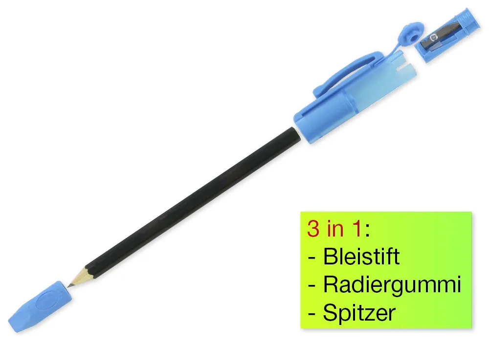 Bleistift "3in1", mit Spitzer und Radierkappe, 175mm