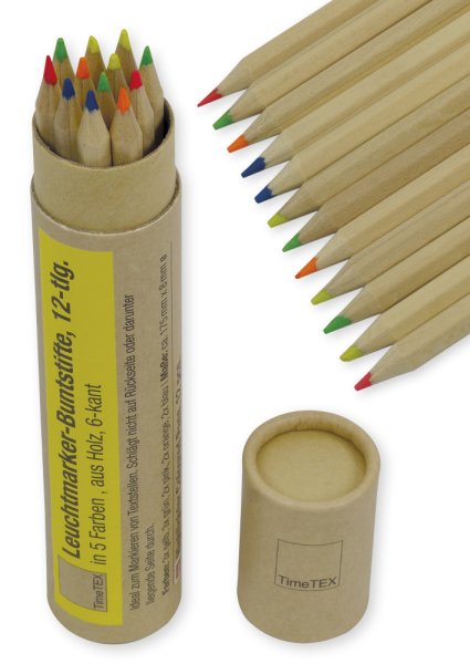 TimeTEX Leuchtmarker-Buntstifte aus Holz, sechskant, 12-tlg. in 5 Farben